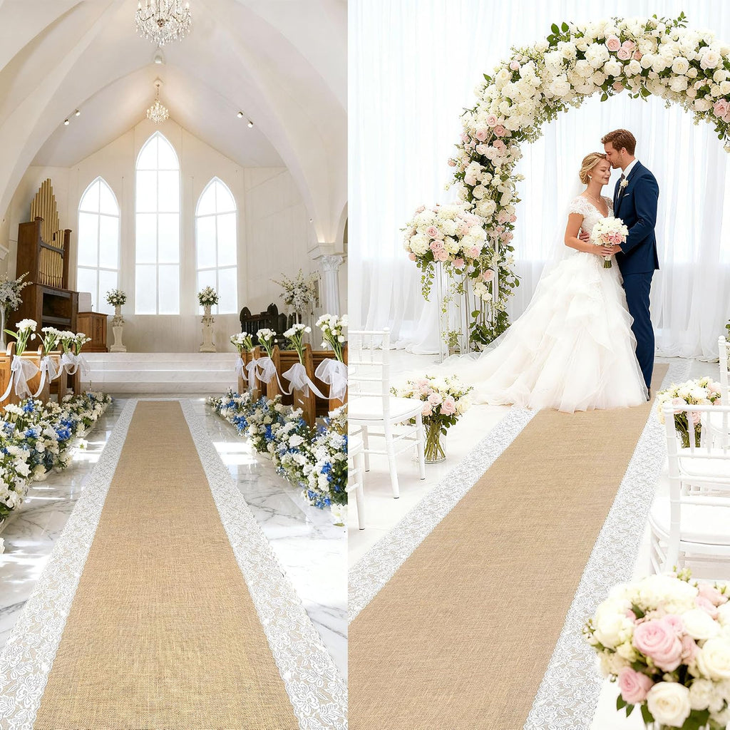 3ft x 20 ft Wedding Aisle Runner Outdoor for Wedding Ceremony with Lace Jute Rustic Natural Burlap Decorations Beach Garden Church Reception Craft Decor