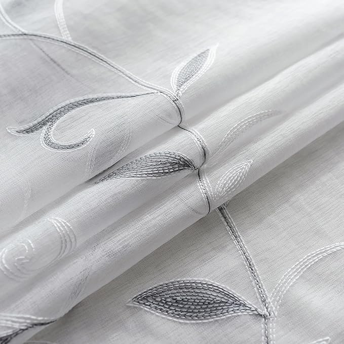 VISIONTEX White Sheer Voile Curtains, Decorative Leaves Embroidery Faux Linen Rod Pocket Window Drapes for Home Kitchen, Living Room and Bedroom 26 x 36 Inch, Set of 2 Curtain Panels