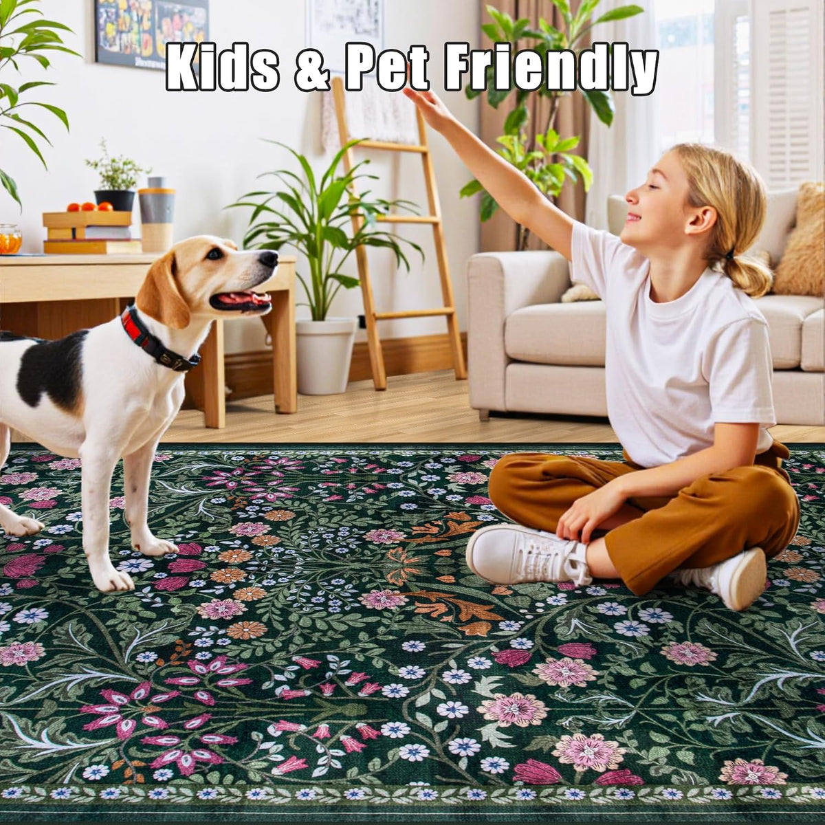 PLHXFR 8x10 Area Rug Living Room: Floral Washable Boho Carpet Dark Green