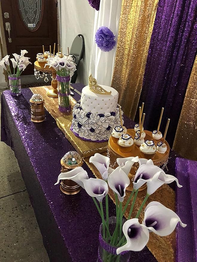 QueenDream Sequin Tablecloth 90"x132" Purple Party Tablecloth Rectangular Seamless Sequin Table Cloth Overlay Glitter Wedding Birthday Bridal Shower Decorations