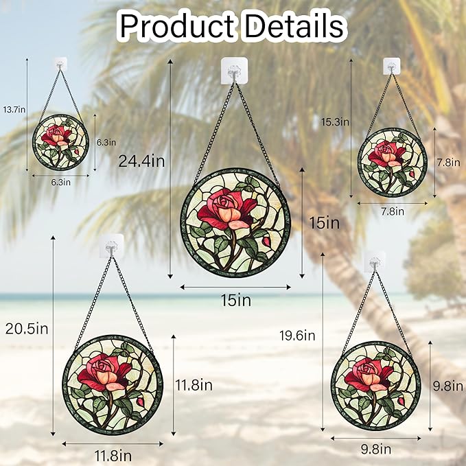Stained Glass Window Hanging, Red Rose Flowers Sun Catcher for Door Garden Home Decor Suncatcher Christmas Mother's Day Birthday Gifts for Women Lovers Men Wife Girlfriend Mom Nana 9.8 in
