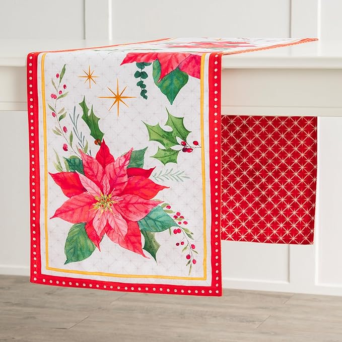 Maison d' Hermine Table Runner 100% Cotton Double Layer Table Runners 72 inches Long for Thanksgiving Christmas Decorations Home Kitchen Dining Party Wedding (Poinsettia Christmas, 14.5" x 72")