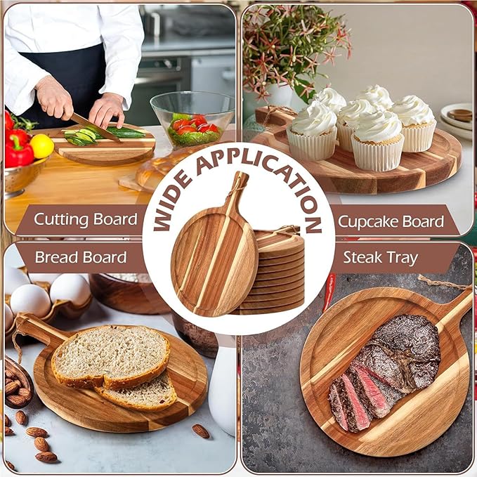 Pizza Boards with Handle 14 inch,Pizza Cutting Board Set of 6,Acacia Wood Pizza Peel 14 inch,Pizza Serving Tray Wood,Wooden Pizza Paddle Round,Small Charcuterie Boards for Cheese,Bread & Meat