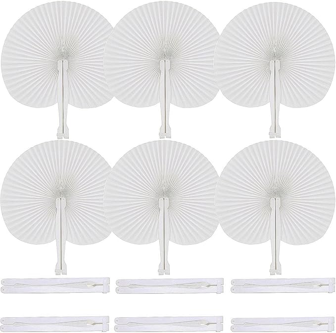 12 Pcs White Round Paper Folding Fans,Decorative Wedding Foldable Hand Handheld Fans Chinese and Japanese Fan Bulk for Bridal Guest Church Party Favors Dancing Birthday DIY