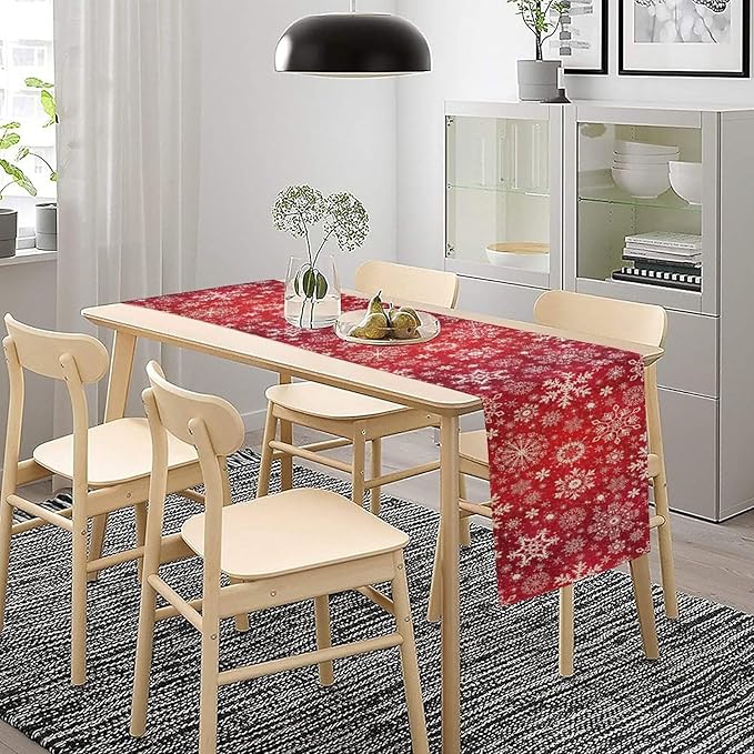 Snowflakes Christmas Table Runner, Winter Holiday Red Table Cloth Kitchen Dining Table Decoration for Home Party Decor 13x60 Inch