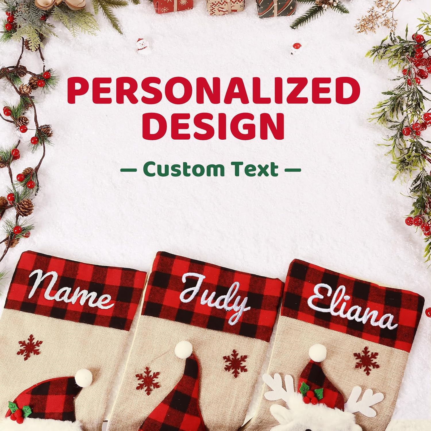 Bemaystar Personalized Christmas Stockings - 18.5'' Embroidery Custom Christmas Stockings with Names, Burlap Plaid Stockings Xmas Decor Gifts for Family Kids Holiday Party, 1-Pack Choose Any Styles