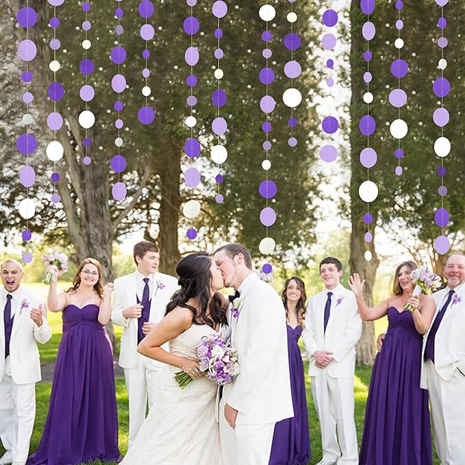 46 Ft Purple and White Circle Dots Garland Lavender Hanging Paper Polka Dot Streamer for Birthday Anniversary Engagement Wedding Baby Bridal Shower Valentine Day Lilac Theme Party Decorations Supplies