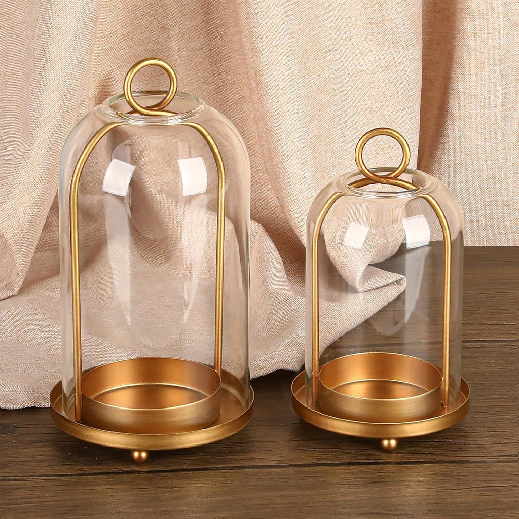 Vintage Brass Metal Candle Lantern with Thick Glass Dome – Set of 2 Shabby Chic Style Candle Holders (5.25"x10" & 4.5"x7.87") – Hanging or Tabletop Decor for Pillar Candles, Plants