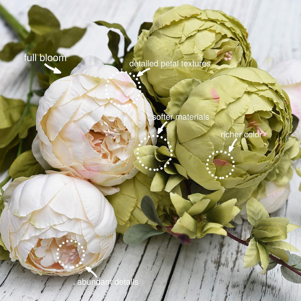 fiveseasonstuff rustic brown, beige & green artificial peony, close-up detail