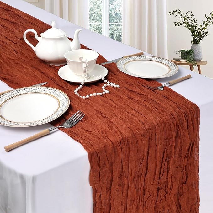 12 Pack Fall Thanksgiving Table Runner Terracotta Cheesecloth 10ft Boho Gauze Fabric Cheese Cloth Burnt Orange Table Runner 35 x 120 Inch Rustic Sheer for Wedding Décor Party Centerpiece Decoration