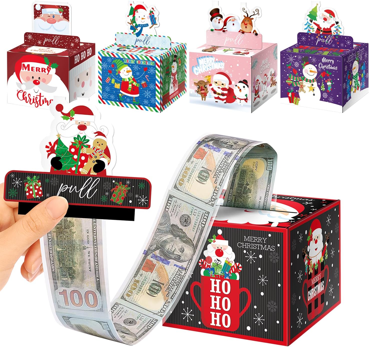 5Pcs Christmas Money Box for Cash Gift Pull, Money Holder Cash Gift for Kids Adults, DIY Fun Holiday Cash Box, Surprise Gift Box for Family, Includes 250Pcs Transparent Bags