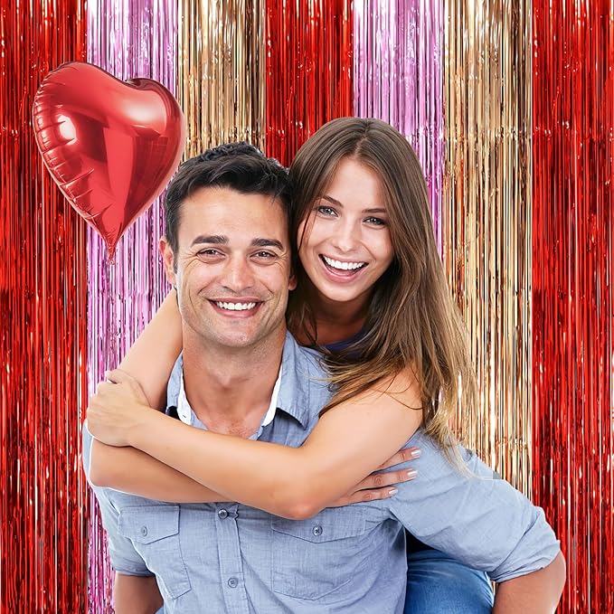 2 Pack Valentine Foil Fringe Backdrop Curtains, Tinsel Streamers Party Decorations, Fringe Backdrop, Door Shimmer for Valentine or Birthday Party