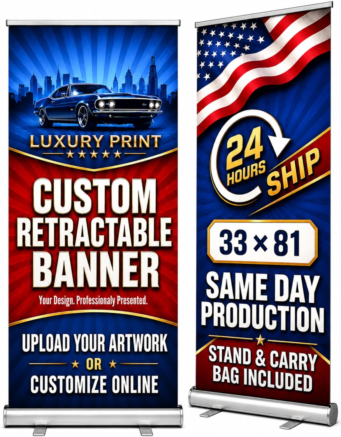 Custom Retractable Banner Stand - Ready in 1 Day - Personalized 33" x 81...