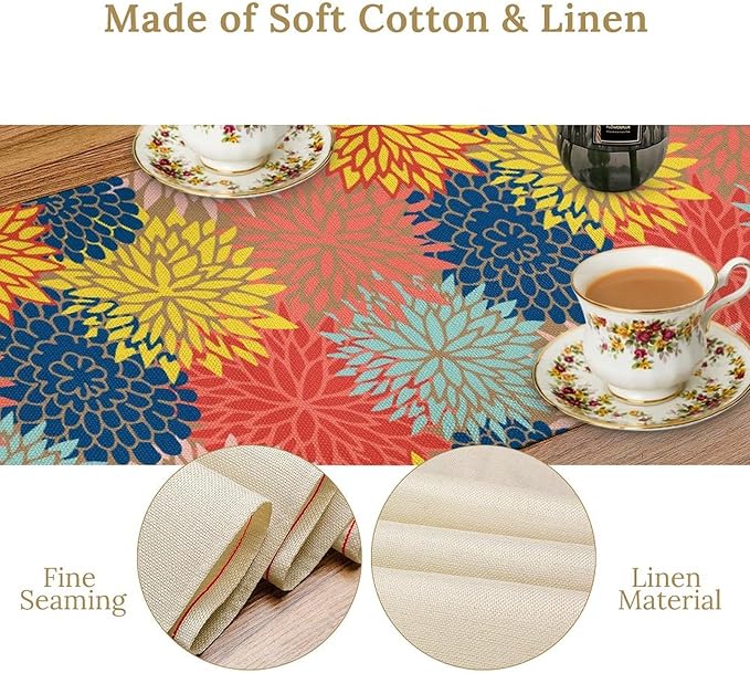 Dahlia Flowers Table Runner Colorful Floral Teal Grey Pink Yellow Blue Abstract Table Runner Kitchen Dining Party Decor Living Room, 13x60 Inch