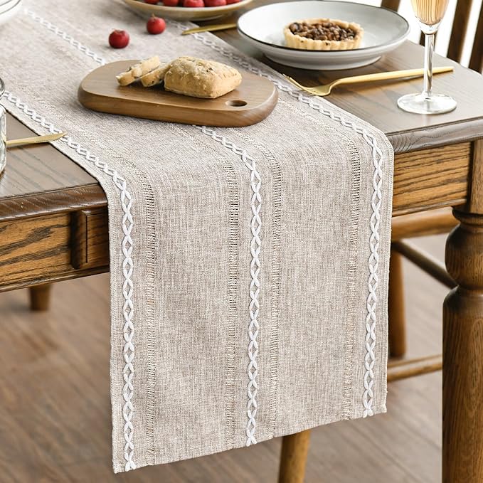 Artoid Mode Brown Rustic Cotton Linen Table Runner, Seasonal Embroidered Hollow Kitchen Dining Table Decoration for Home Party Decor 13x72 Inch