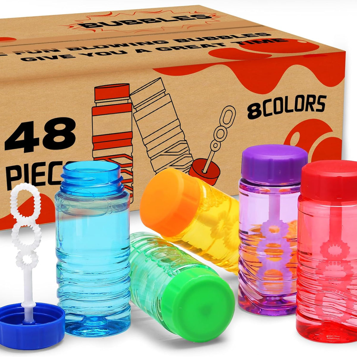 48 Pack Bubble Bottles Bulk, 8 Color, Wand Attached to Cap Party Favors Set
