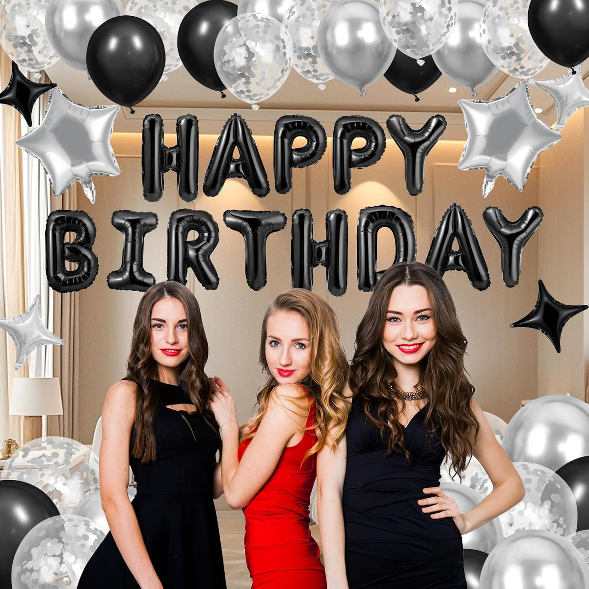 black happy birthday balloons decorations silver and black, view 10
