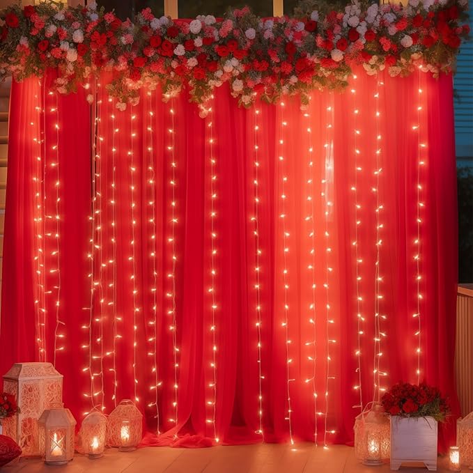 30×10ft Red Tulle Backdrop Curtain with Lights String for Parties, Sheer Photo Backdrop Curtains for Wedding Party Photography Background