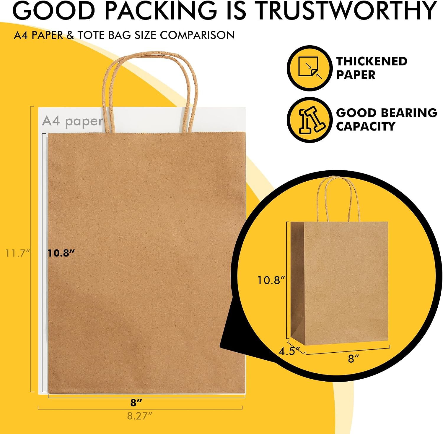 RACETOP Brown Paper Bags with Handles Bulk 100Pcs 8x4.5x10.8 Inch Gift Bags Bulk, Brown Kraft Paper Bags for Retail, Party, Shopping, Favor
