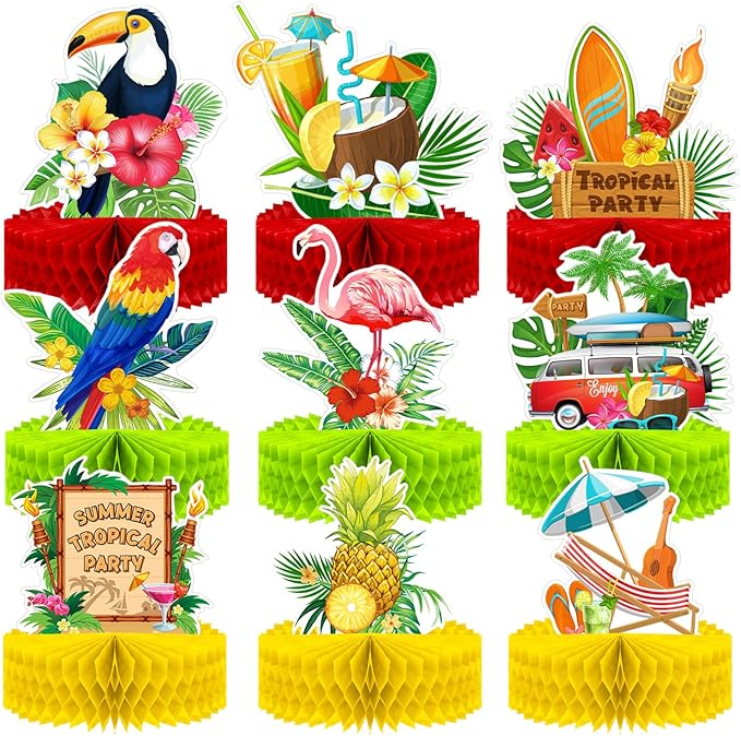 Waydress 9 Pcs Hawaiian Luau Party Decorations Margaritaville Tropical Centerpieces for Tables 6.9 x 8.5 Inches Hawaiian Honeycomb Centerpieces for Luau Summer Themed Tiki Party Supplies