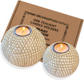 Luca Beige Orb Tea Light Candle Holders, Gift Boxed Set of 2 | Beige and white grid-pattern orbs for coffee table, console, entryway, mantel, dining centerpiece; coastal, modern, farmhouse