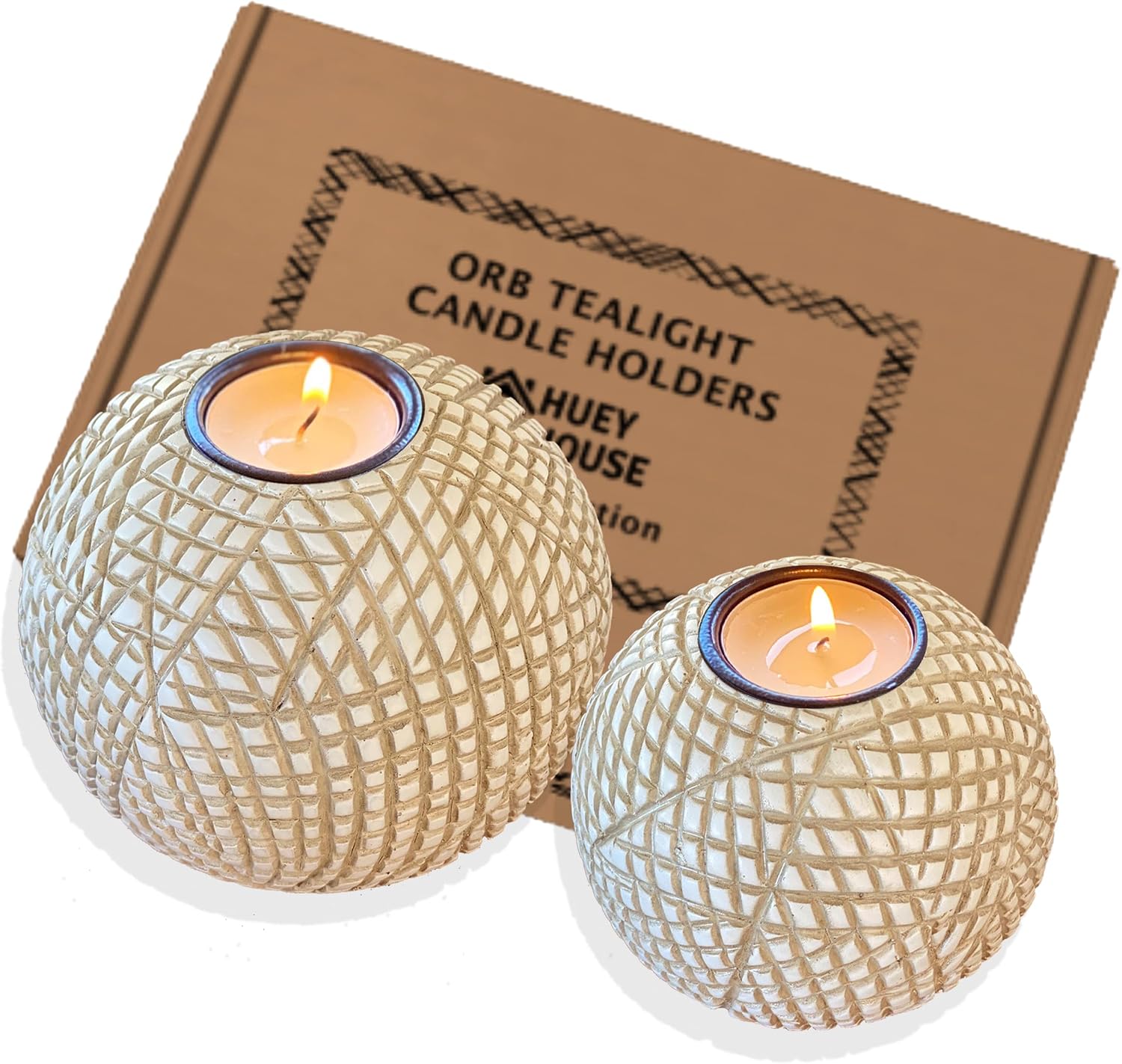 Luca Beige Orb Tea Light Candle Holders, Gift Boxed Set of 2 | Beige and white grid-pattern orbs for coffee table, console, entryway, mantel, dining centerpiece; coastal, modern, farmhouse