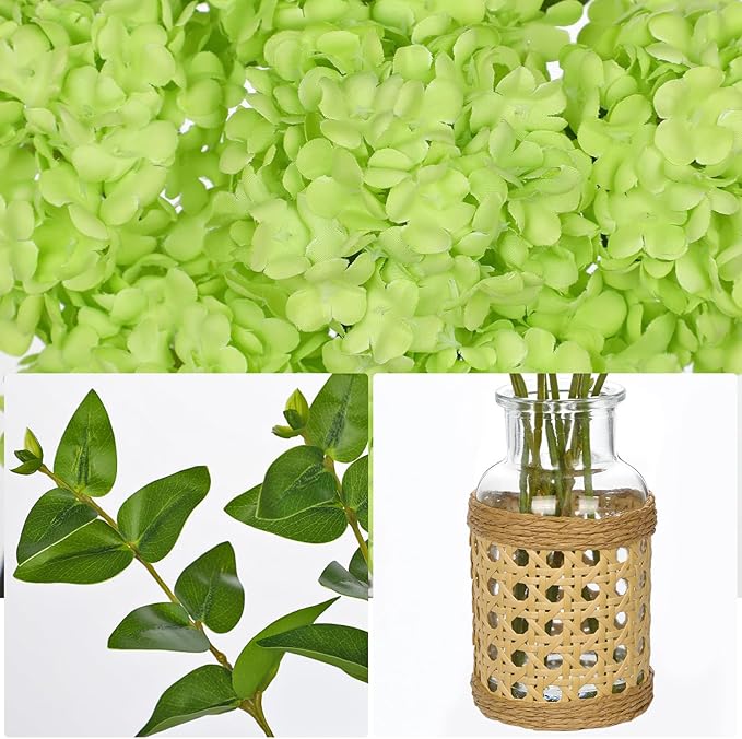 Hollyone Green Hydrangea Artificial Flowers in Woven Glass Vase with Faux Water Silk Hydrangeas Fake Flowers Floral Arrangement for Home Indoor Bathroom Kitchen Office Table Centerpiece Shelf Decor
