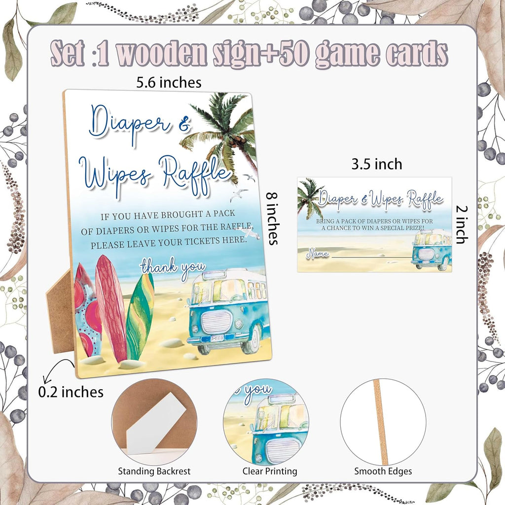 Diapers Wipes Raffle, Summer Beach Surf Diaper Raffle Tickets for Baby Shower, 1 Wooden Sign with 50 Diaper Raffle Cards, Game Activity for Baby Shower, Gender Reveal Party Favors Decorations