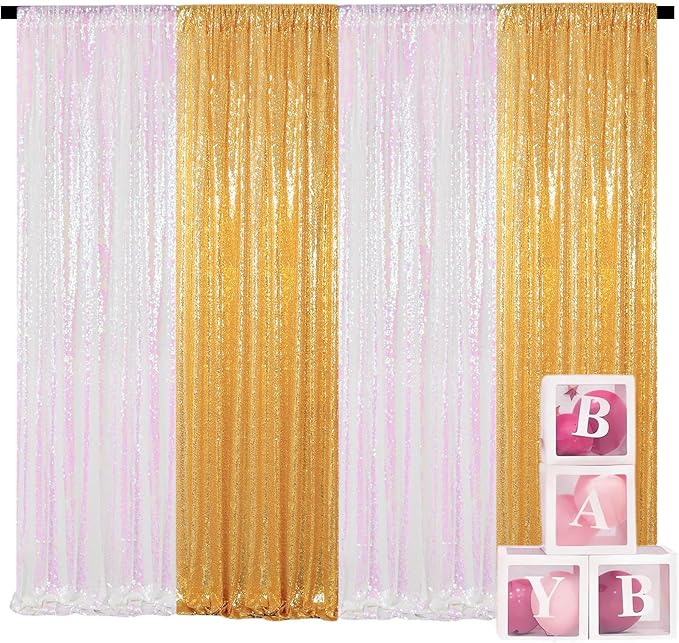 ShinyBeauty 4-Pack Sequin Photo Backdrop Curtains 2x8FT - Glitter Gold & Transparent White Sparkling Wall/Stage Background for Photography Studio, Birthdays, Weddings, Parties