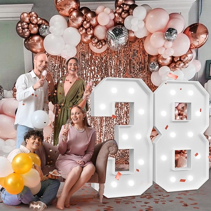 imprsv Marquee Numbers Large 38th-Birthday Decorations: 4ft Light Up Number Party Decor 38 Year Old 83rd Birthday Decoration Backdrop 83 Anniversary Cardboard Big Mosaic Balloon Frame Number 38