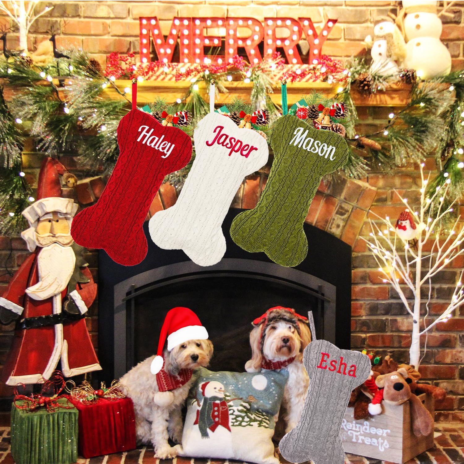 1Pc Personalized Dog Christmas Stockings, Custom Embroidered Name Pet Dog Stockings Christmas, Family Knitted Bone Xmas Stocking with Name for Dogs