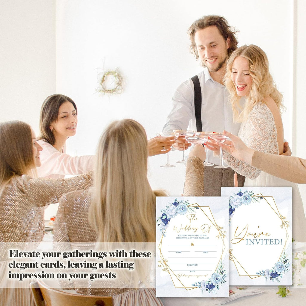 Dusty Blue Floral Wedding Invitations, 5"x 7" Elegant Blue Roses Wedding Invites Card With Envelopes, 25 PCS for Party Decorations and Supplies - A14