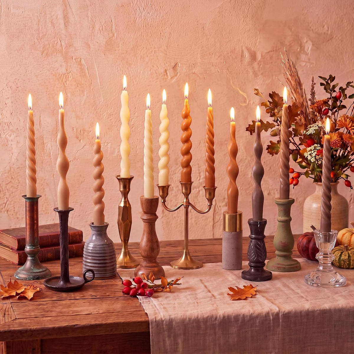 Nuanchu 12 Pcs Fall Spiral Taper Candles 7.5" Beige Twisted Candlesticks