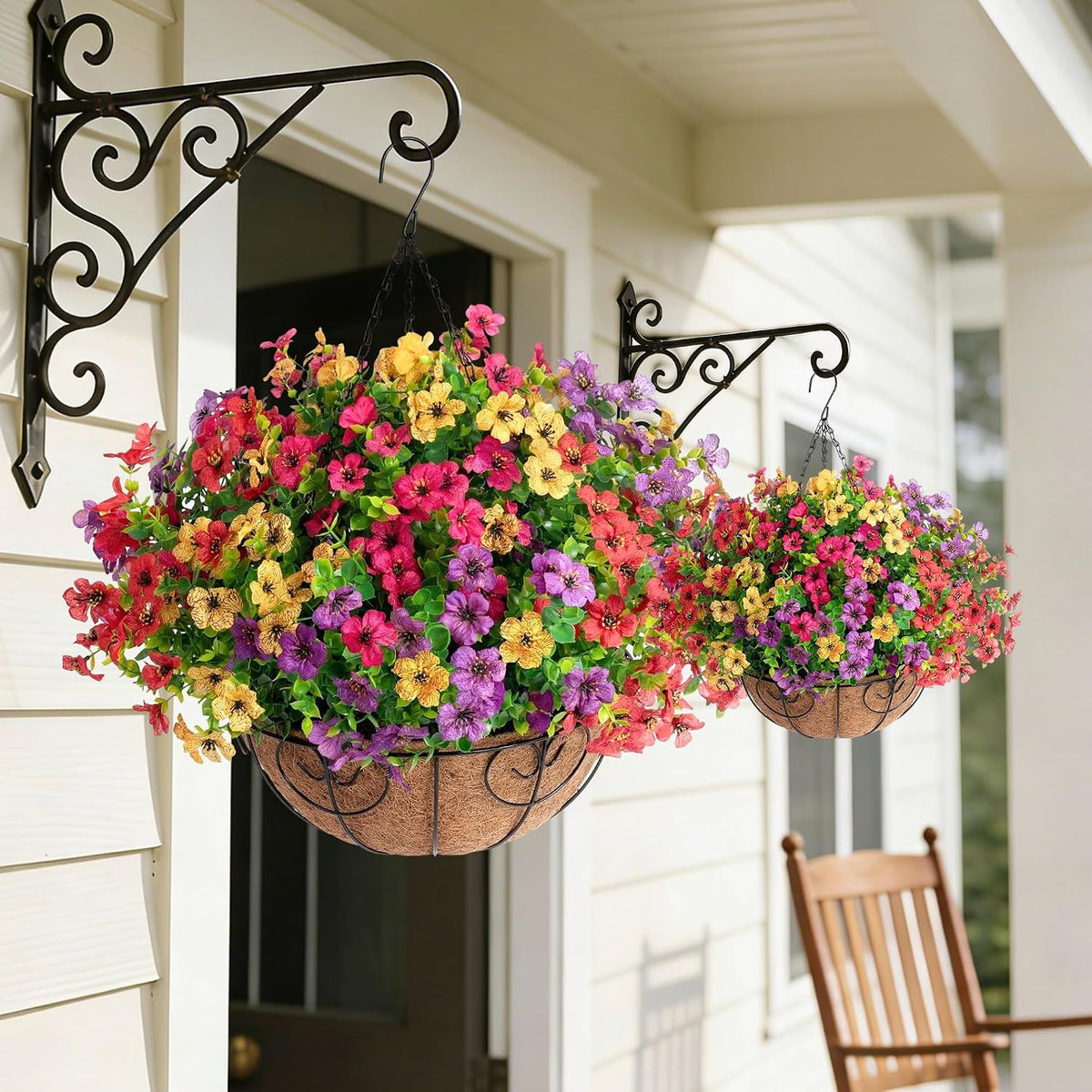 hyeflora 2 set artificial outdoor flowers hanging basket shown in use