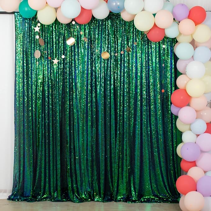 ShiDianYi Iridescent Green Sequin Backdrops for Photograph Backdrop 4FTx10FT 2 Panels Birthday Background Glitter Curtains Green Blue Curtain Sequin Fabric Christamas Decor