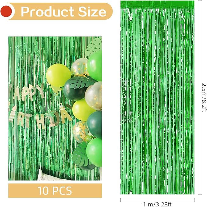10 Pack Green Backdrop Curtain 3.2ft x 8.2ft Metallic Tinsel Foil Fringe Curtains Photo Booth Background for Birthday Party Decoration Baby Shower Engagement Wedding Christmas Decoration (Green)