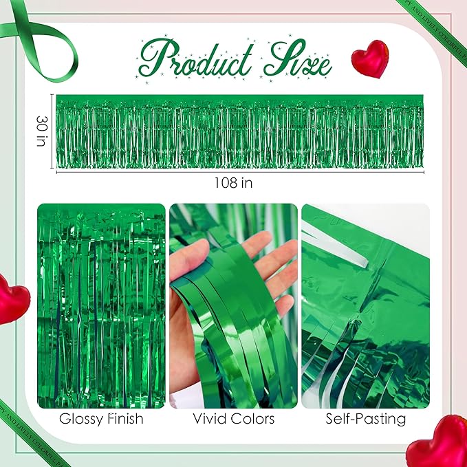 2 Pack Red Green Table Skirts, 29x108" Metallic Foil Tinsel Fringe Table Skirt for Rectangle Tables Streamer Curtains Backdrop, Party Decorations for Birthdays, Weddings, Holidays