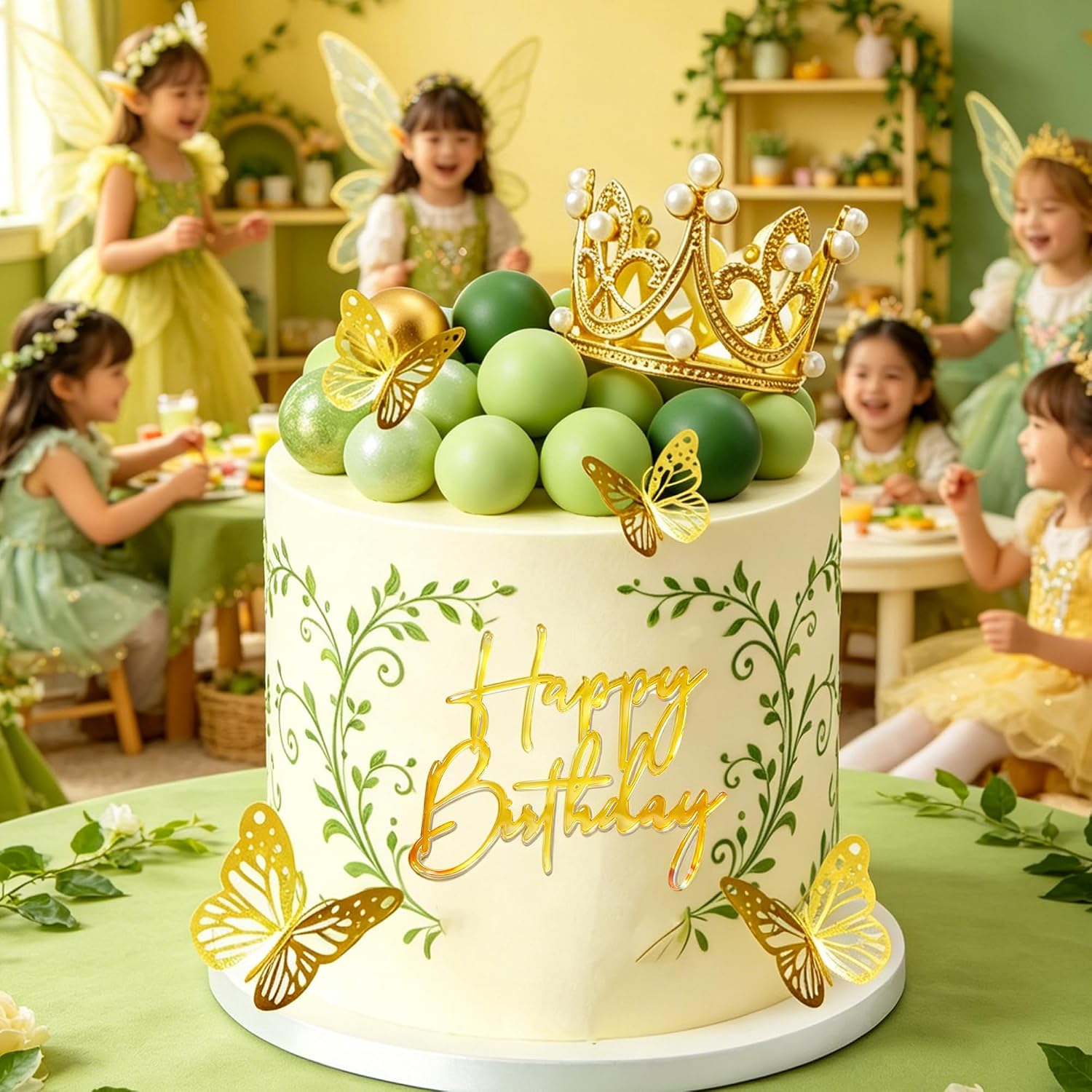 Green Gold Balls Cake Toppers Happy Birthday Crown Tiara Cake Topper Princess Purple Cake Decorations (Green)