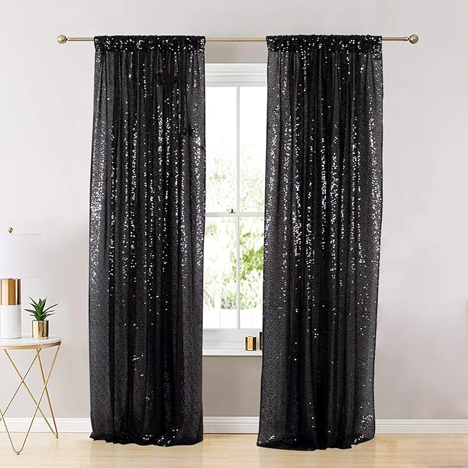 ShinyBeauty Black Sequin Curtains 2FTx8FT 4 Panels | Sparkly Photo Backdrop for Birthday, Halloween, Events | Elegant Glitter Background for Photography