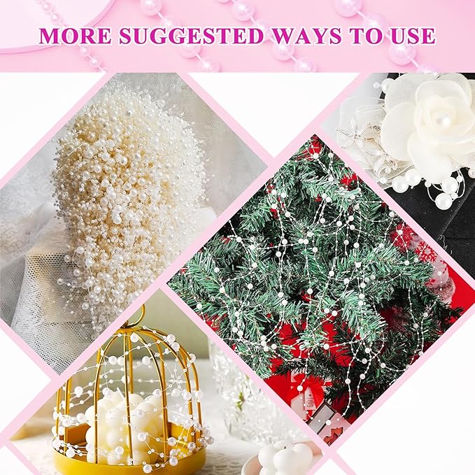 99 Feet Fishing Line Artifical Pearl Strings for Crafting, Faux Pearl Garland Strands for Floating Candle Vases Filler Wedding Centerpiece Bouquet Christmas Tree Party Decoration, Ivory