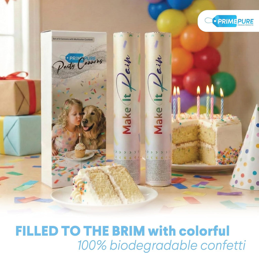 PrimePure Confetti Cannon Poppers, Biodegradable Multicolor Paper, 2 Pack