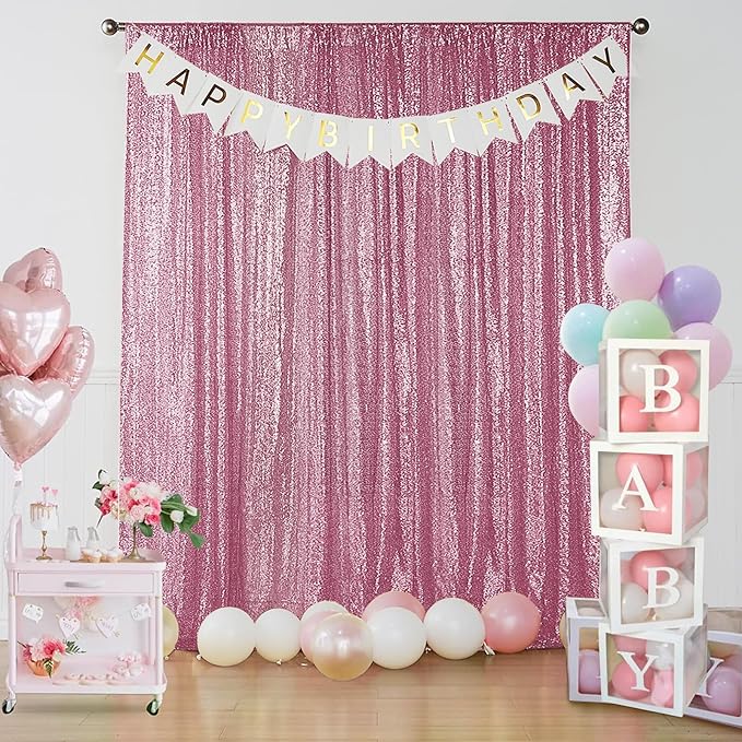 Sugargirl Pink Sequin Backdrop Curtain 4 Panels 2FTx8FT Glitter Pink Background Drapes Sparkle Photography Backdrop for Party Wedding Birthday Wall Decoration