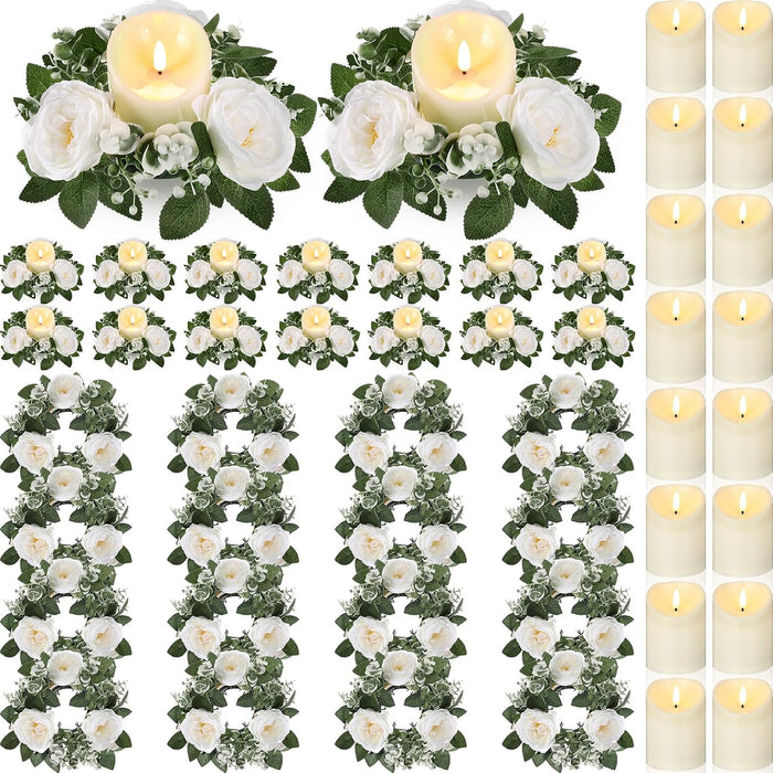 Yunlly 16 Set Rose Candle Rings with LED Candles 3 Inch Center,White