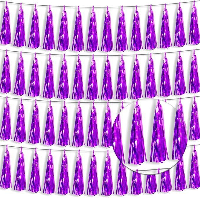 4P Purple Foil Fringe Tassel Banner Garland Metallic Tinsel Streamers Wall Hanging Curtain Backdrop Banner for Parade Floats, 2024 Graduation Decorations, Father's Day Party Decoration