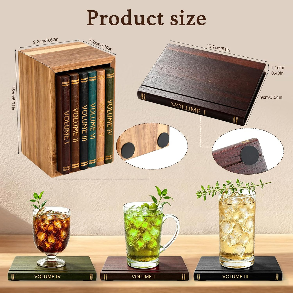 Book Coasters Set of 6 | Wood Coasters - Book-Style Decorative Wooden Coaster...