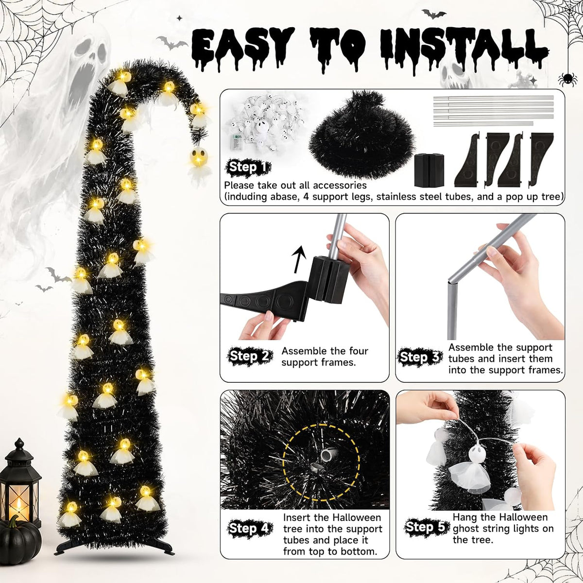 6FT Black Halloween Pop Up Christmas Tree with Ghost String Lights