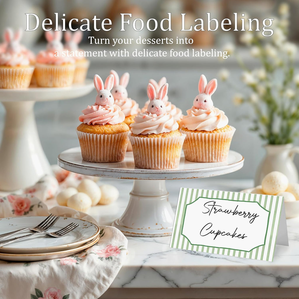Elegant Green Striped Place Cards for Table Setting, 2 x 3.5" Escort Cards, 25 Watercolor Tent Cards Food Label for Dinner Party, Wedding, Bridal Shower, Baby Shower, Birthday Party Supplies