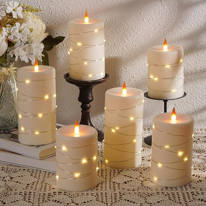 Upinmz 6 Pack Flickering Flameless Candles with String Lights,Unbreakable Acrylic Battery Operated Candle with Remote Control and Timer - Ivory White