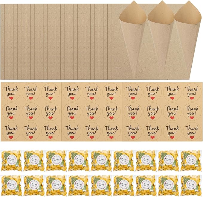PATIKIL Dried Flower Confetti Cones, 30Pcs Paper Tapers Cone Holder with Dried Rose Petal / Sticker for Wedding Party Engagement Birthday DIY Decoration, Yellow/Green