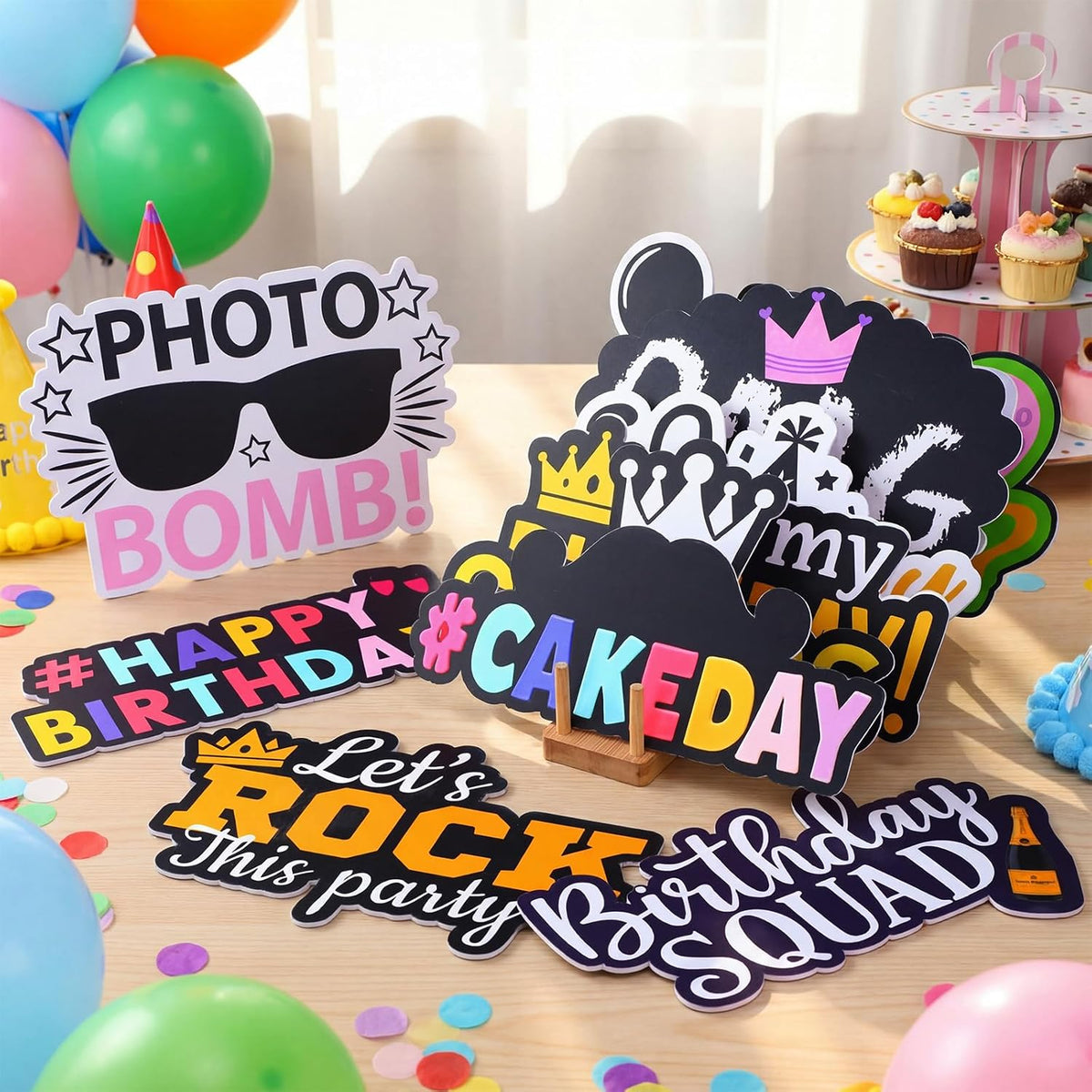 Beeveer 24 Pcs Birthday Photo Booth Props Single Sided 9" Photo Booth Props
